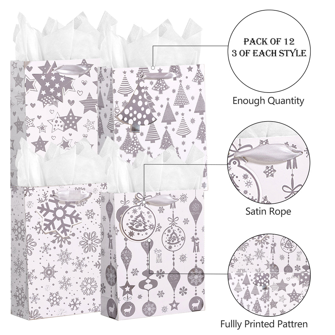 12 Pack Silver Christmas Gift Bags with Tissue Paper