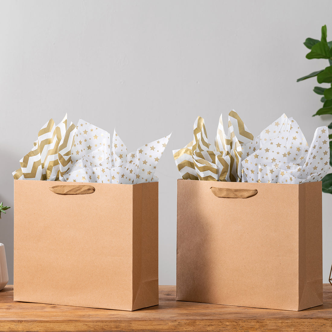 Brown Gift Bags with Golden Tissue Paper