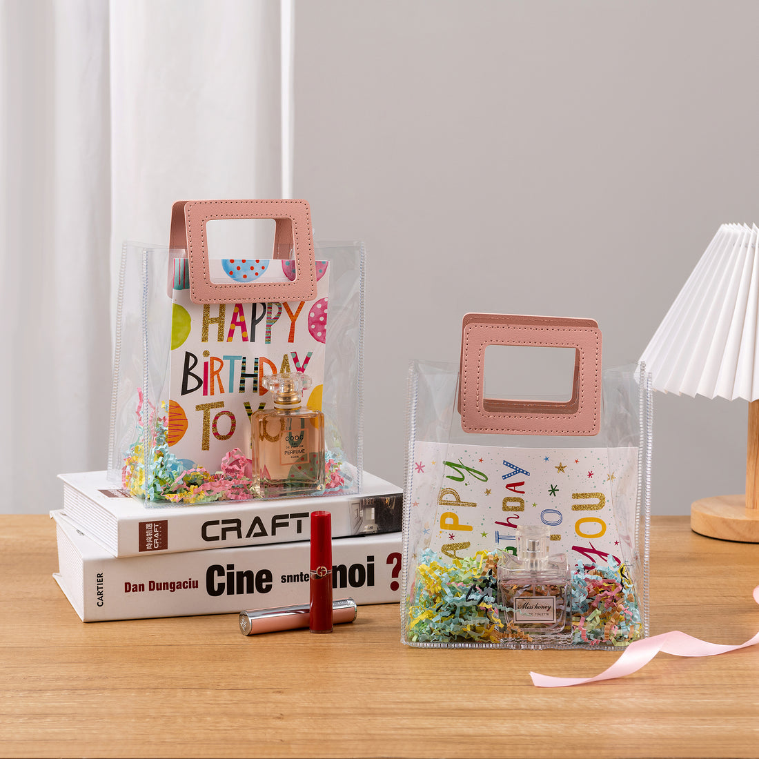 Clear Gift Bags with Pink Handles